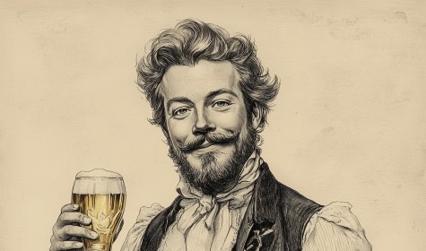 Illustration eines Herrn mit einem Glas Bier in der Hand im Stil einer Radierung aus dem 18. Jahrhundert