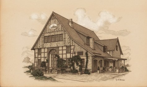 Illustration im Stil eines Kupferstichs von einem Brauhaus