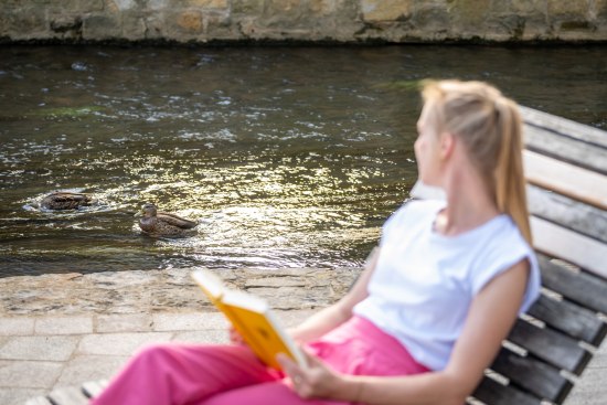 Frau beobachtet Enten auf der Salze 