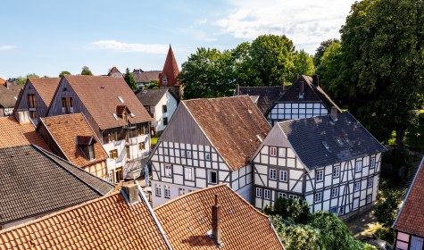 &Uuml;ber den D&auml;chern von Bad Salzuflens Altstadt aufgenommene Fachwerkszene