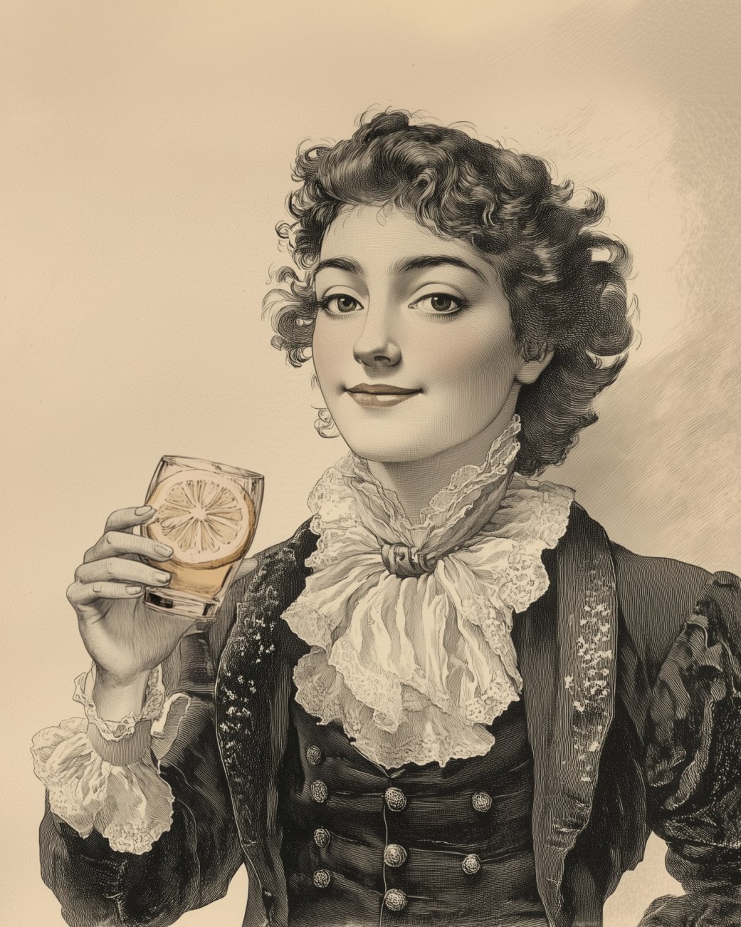 Illustration einer Dame mit einem Glas Limo in der Hand im Stil einer Radierung aus dem 18. Jahrhundert