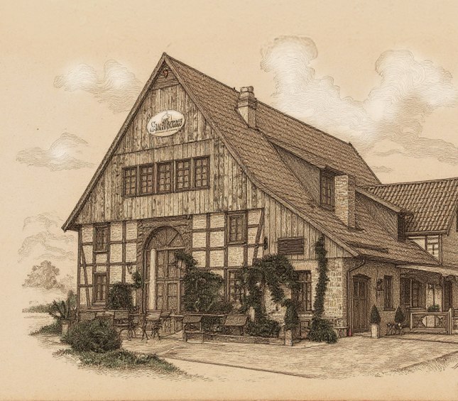 Illustration im Stil eines Kupferstichs von einem Brauhaus