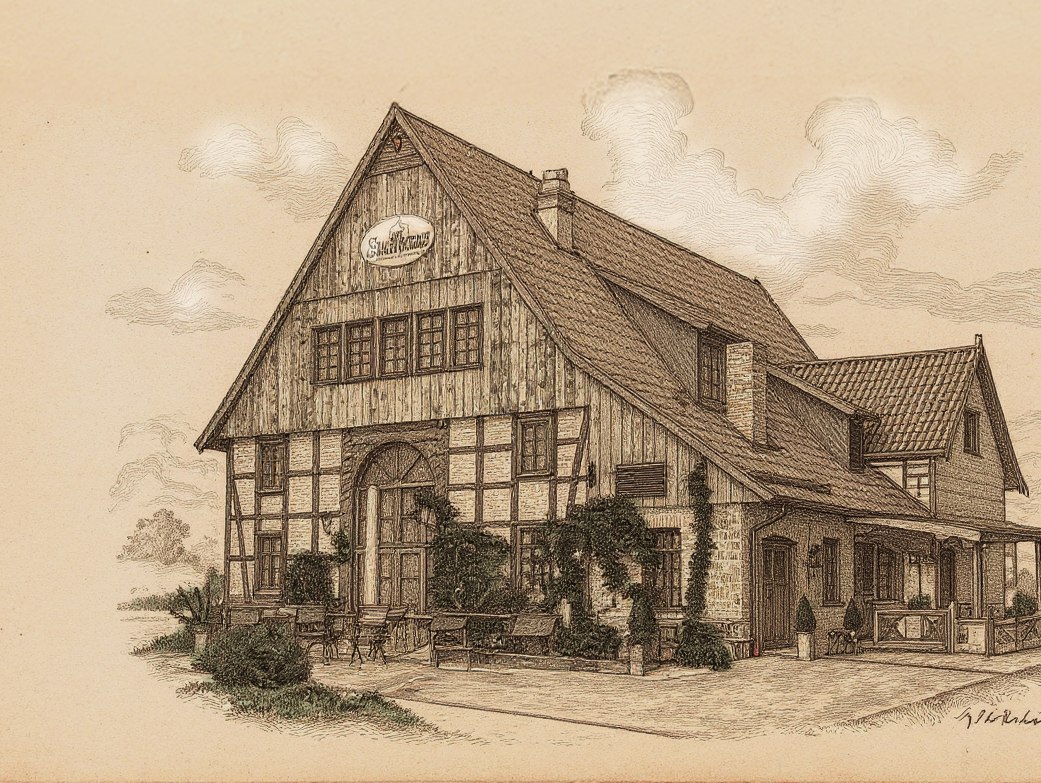 Illustration im Stil eines Kupferstichs von einem Brauhaus