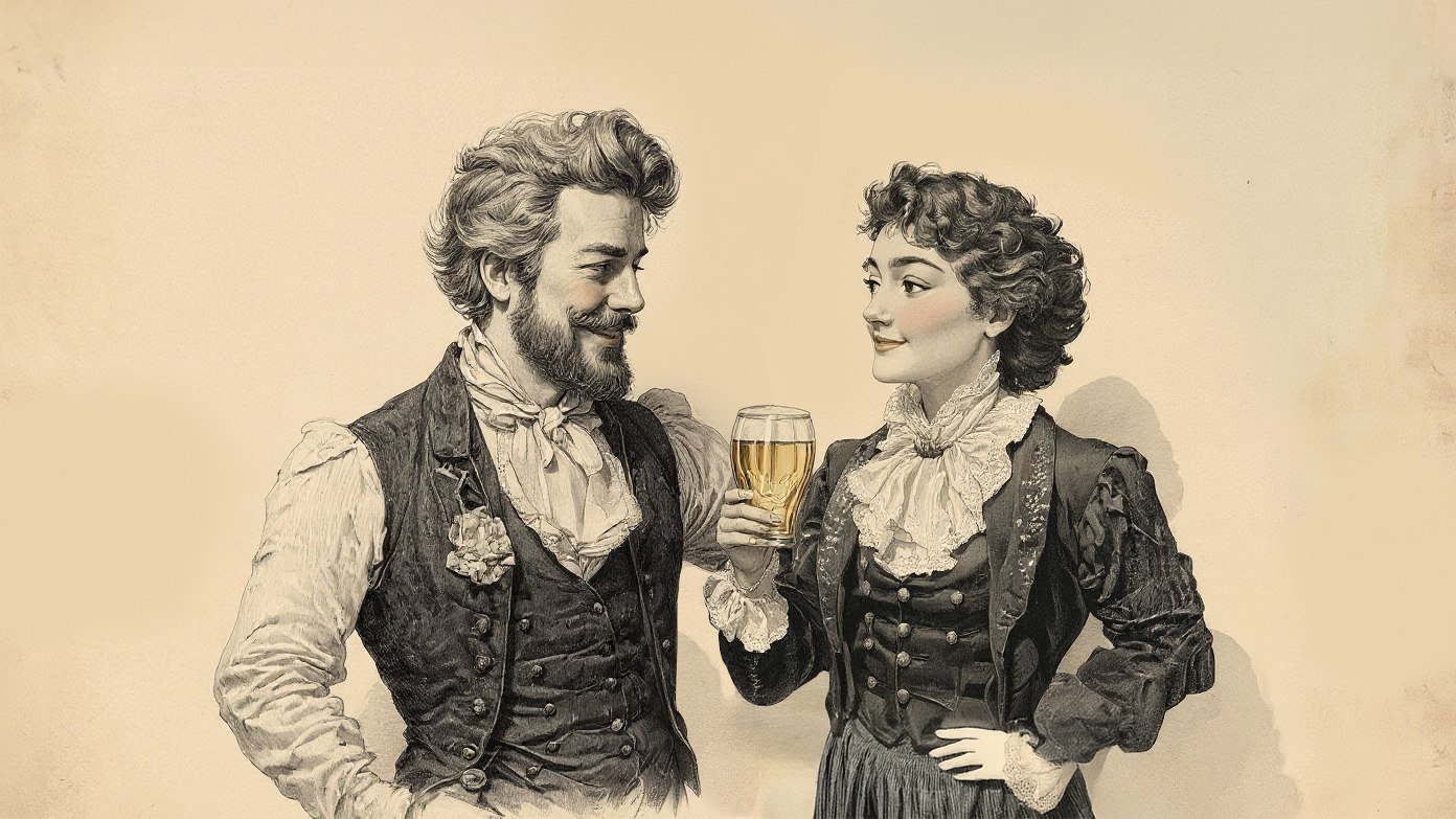 Illustration von 2 Personen, die bei einem Glas Limo miteinander sprechen, im Stil einer Radierung aus dem 18. Jahrhundert