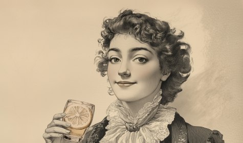 Illustration einer Dame mit einem Glas Limo in der Hand im Stil einer Radierung aus dem 18. Jahrhundert