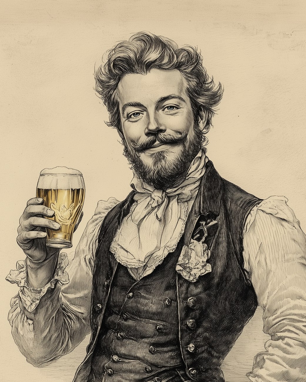 Gustav Portrait Illustration eines Herrn mit einem Glas Bier in der Hand im Stil einer Radierung aus dem 18. Jahrhundert